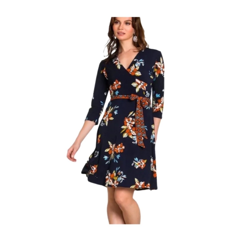 Leota Ladies Wrap Dress Size Large Navy Floral Stretch V Neck
